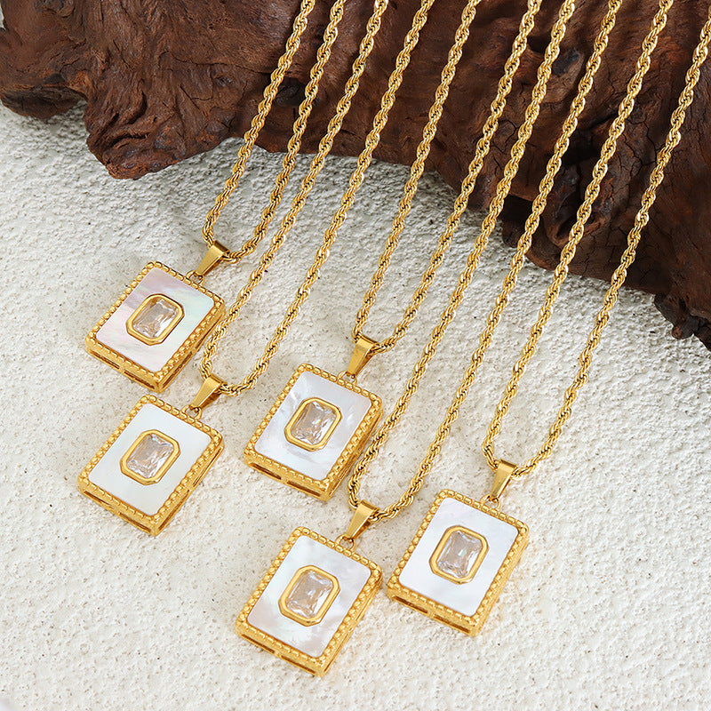 Wholesale Stainless Steel Twist Pendant Square White Shell 18K Gold Plated Necklace